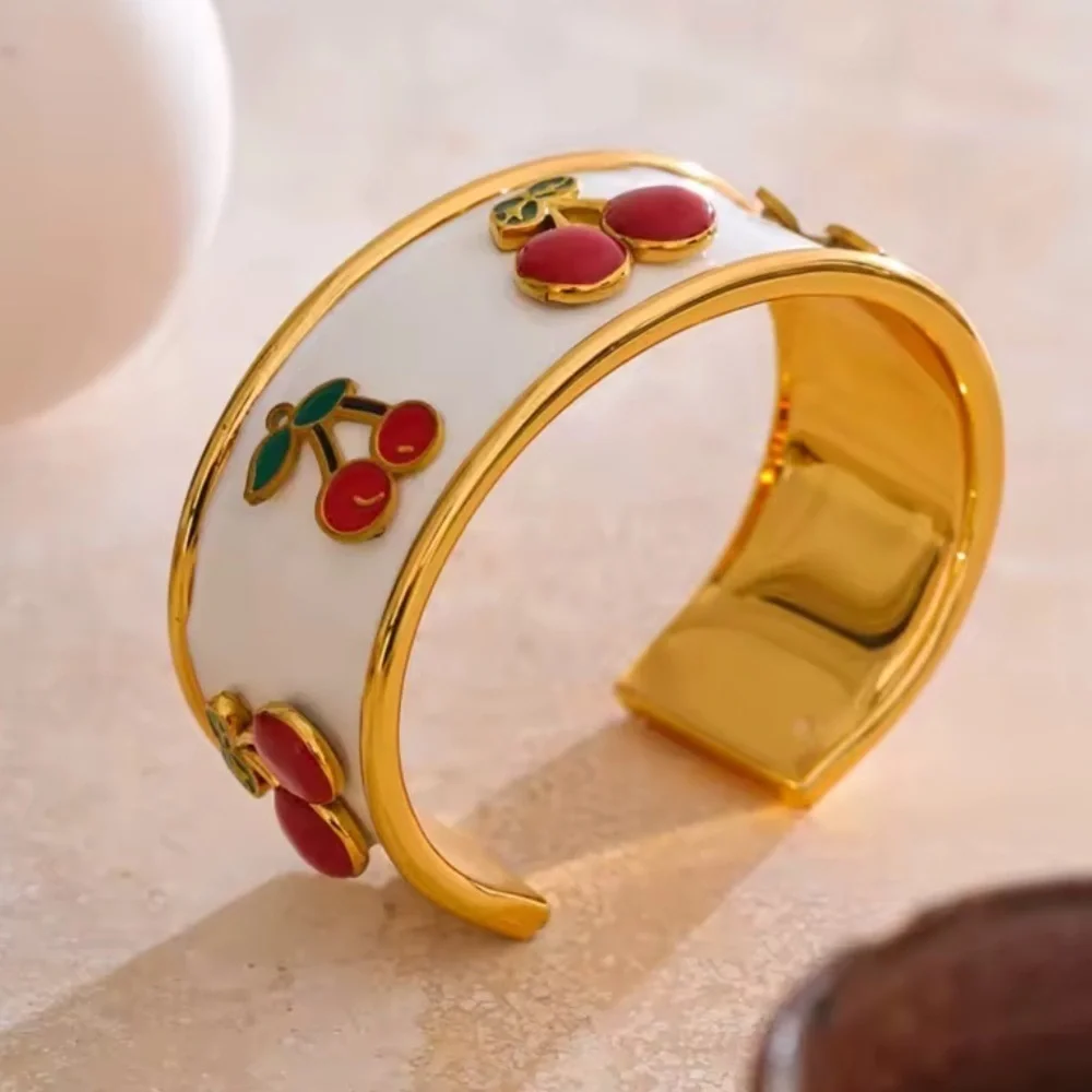 Red Cherry 18K Gold Stainless Steel Enamel Bangle Bracelet